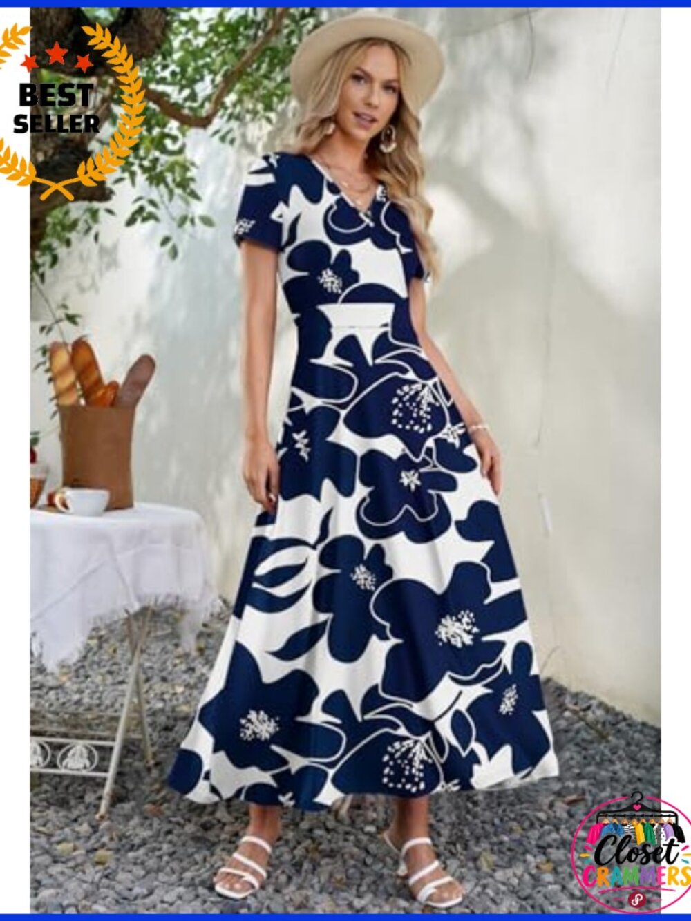 Women's Floral Wrap Maxi Dress Short Sleeve V-Neck Beach Vacation Casual - Picture 2 of 6